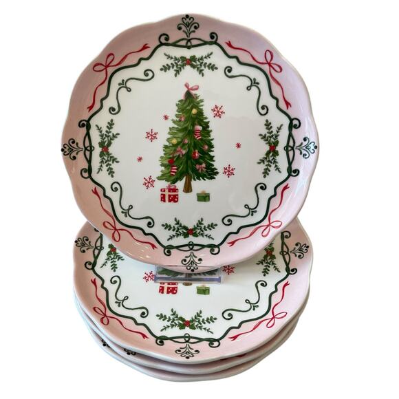 4 Potter's Studio CHRISTMAS TREE PINK Salad Plates 9in Ceramic Bows Holiday New - Picture 16 of 16